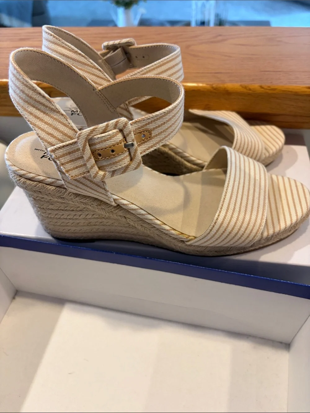 Life Stride Beige and White Striped Espadrille Wedge Sandals